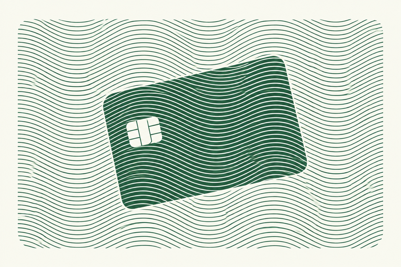A stylized green credit card with a chip, set against a wavy line pattern background.