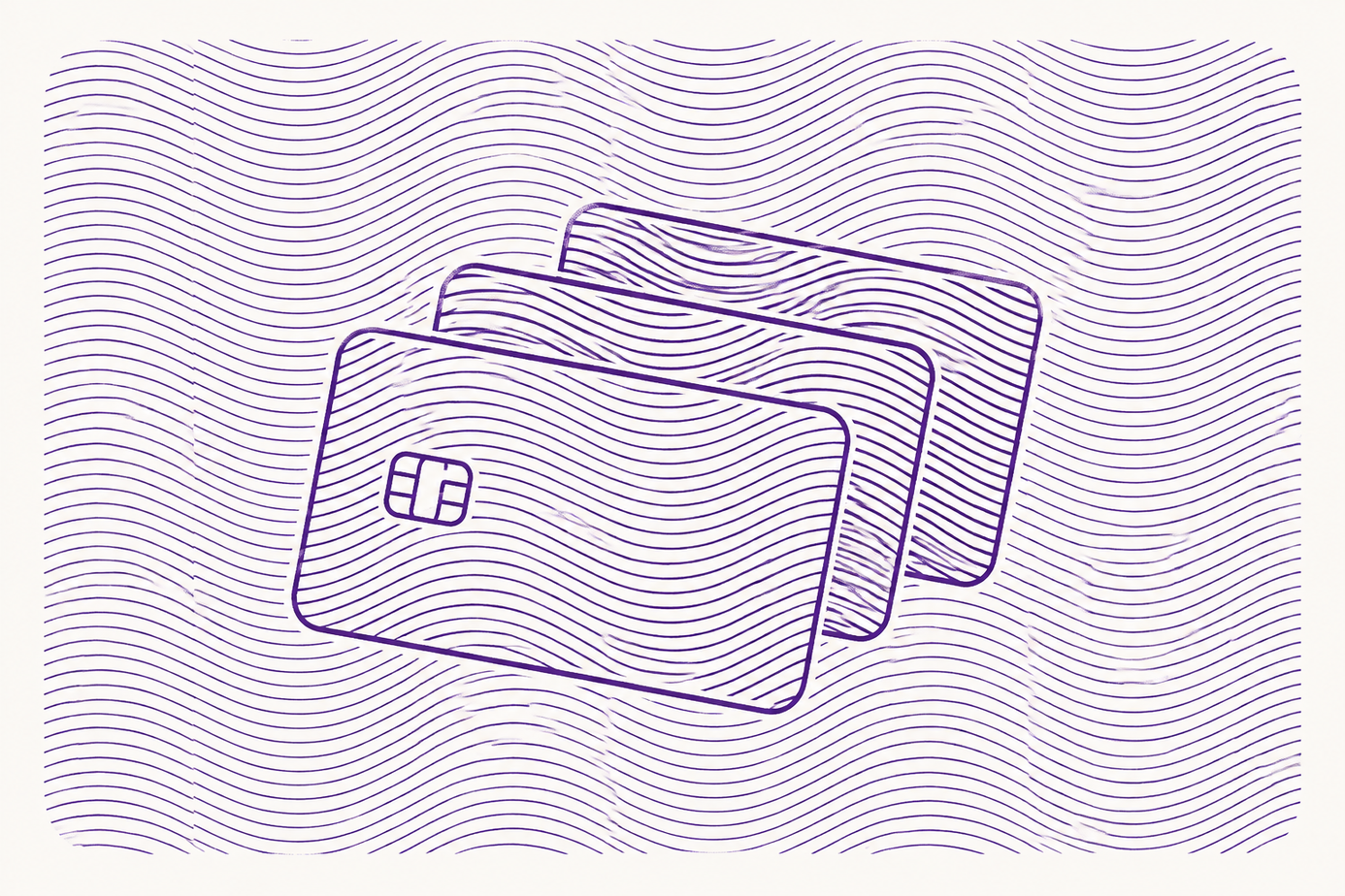 Abstract illustration of three overlapping credit cards in purple outline on a wavy, textured background.