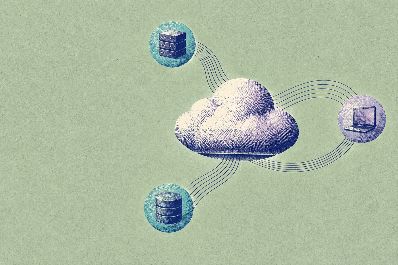 Illustration of a cloud connected to a server, database, and laptop, symbolizing cloud computing and data sharing.