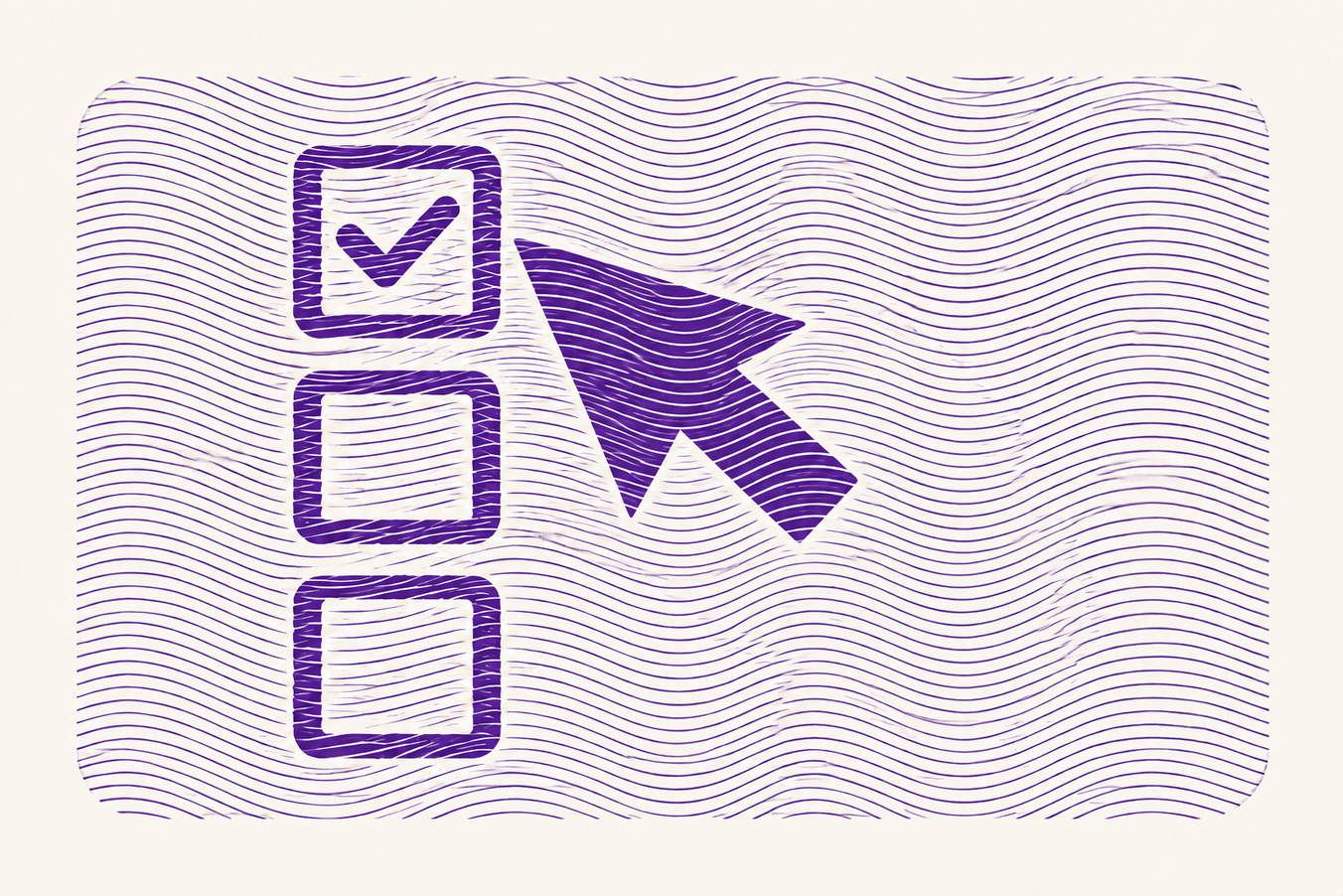 Purple checkmark in a square checklist, with a large cursor arrow pointing at it, over a wavy-lined background.