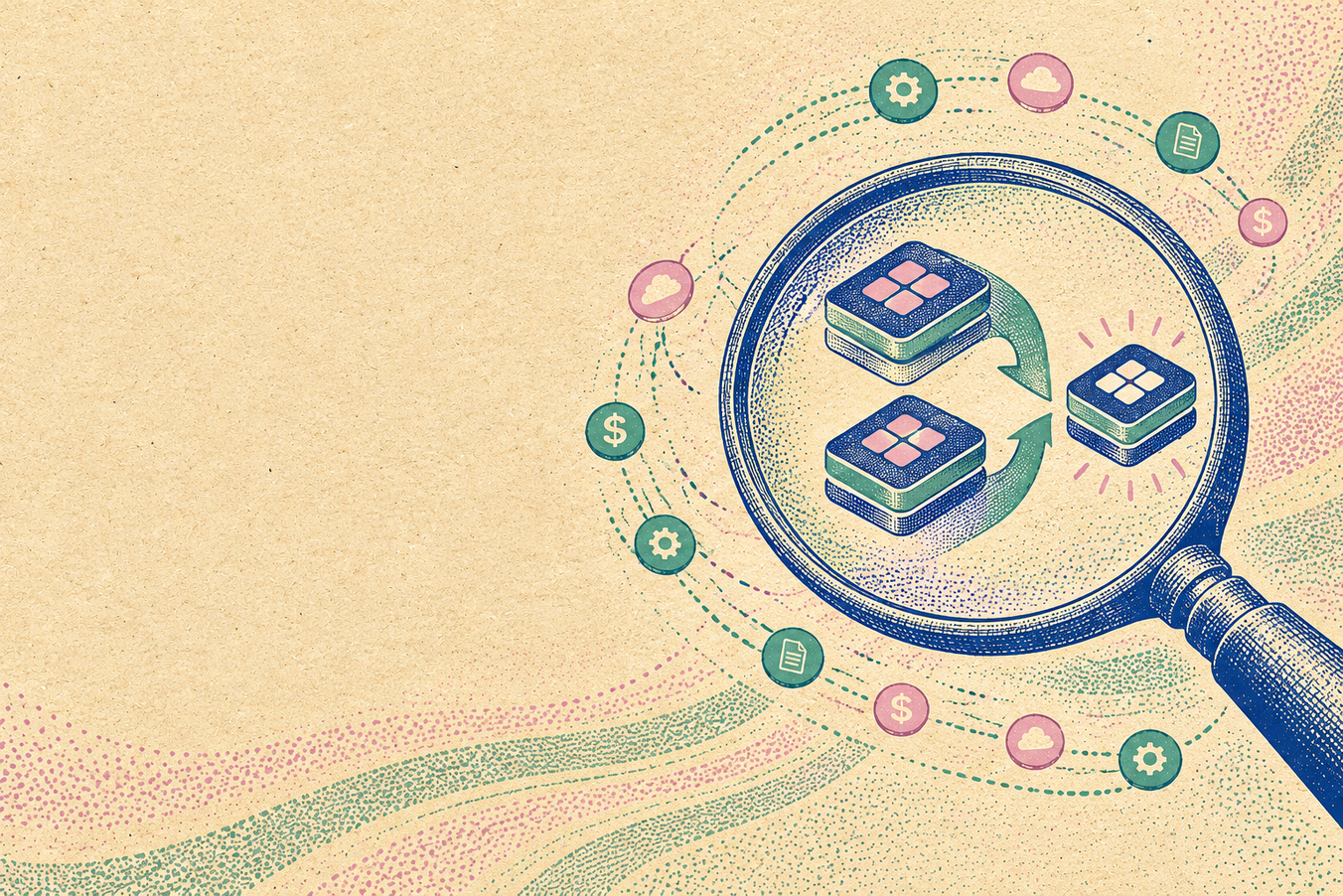 Illustration of a magnifying glass focusing on digital blocks with arrows indicating transformation. Surrounding icons show settings, currency, cloud, and documents.