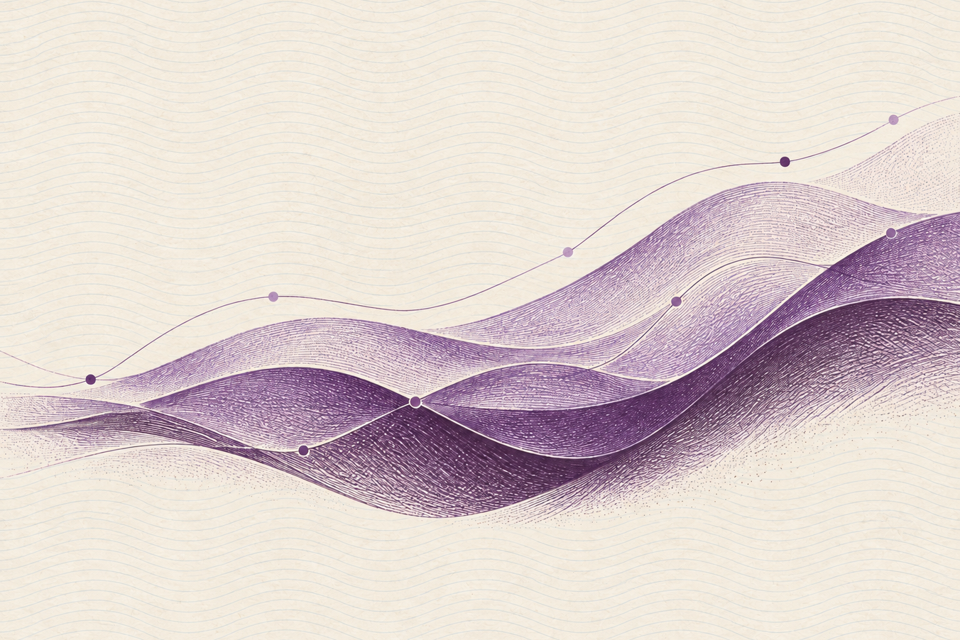 Abstrakte Gravurillustration mit violetten, sanft ansteigenden Wellenformen und feinen blassgrauen horizontalen Linien auf hellem Hintergrund.