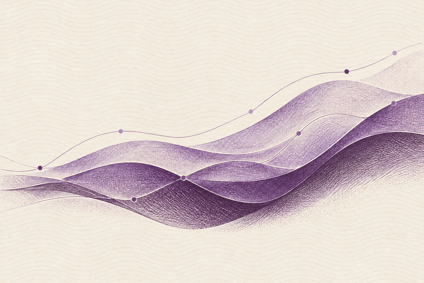 Abstrakte Gravurillustration mit violetten, sanft ansteigenden Wellenformen und feinen blassgrauen horizontalen Linien auf hellem Hintergrund.