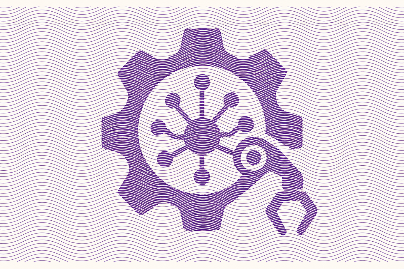 Purple gear and robotic arm with radial lines on a wavy striped background.