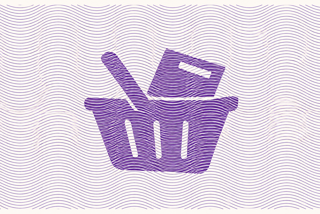 Purple shopping basket icon with a bottle and box, overlaying a wavy line pattern background.