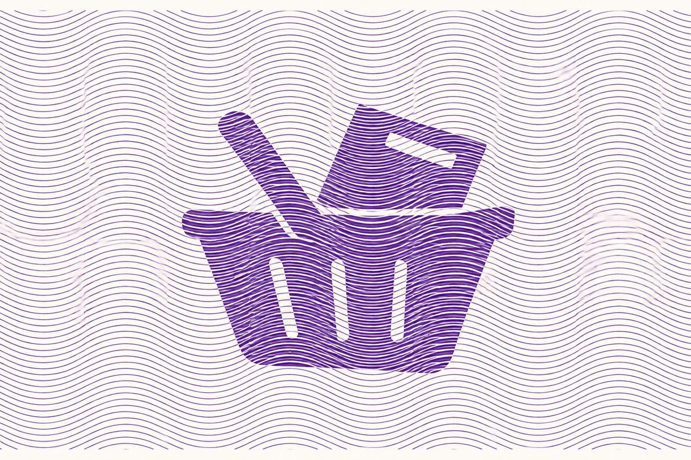 Purple shopping basket icon with a bottle and box, overlaying a wavy line pattern background.