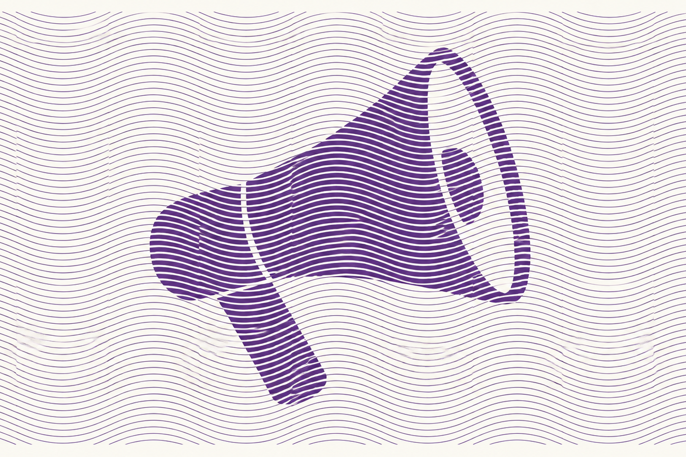 Purple megaphone silhouette on a wavy striped background.