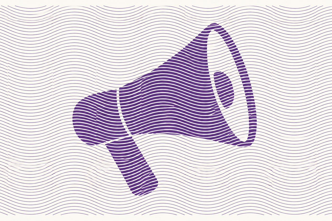 Purple megaphone silhouette on a wavy striped background.