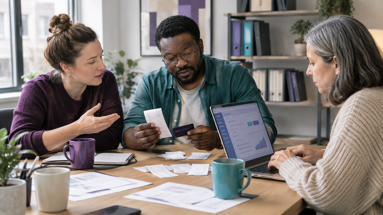 Finanzteam prüft gemeinsam digitale Rechnungen und Ausgabendaten im Büro.