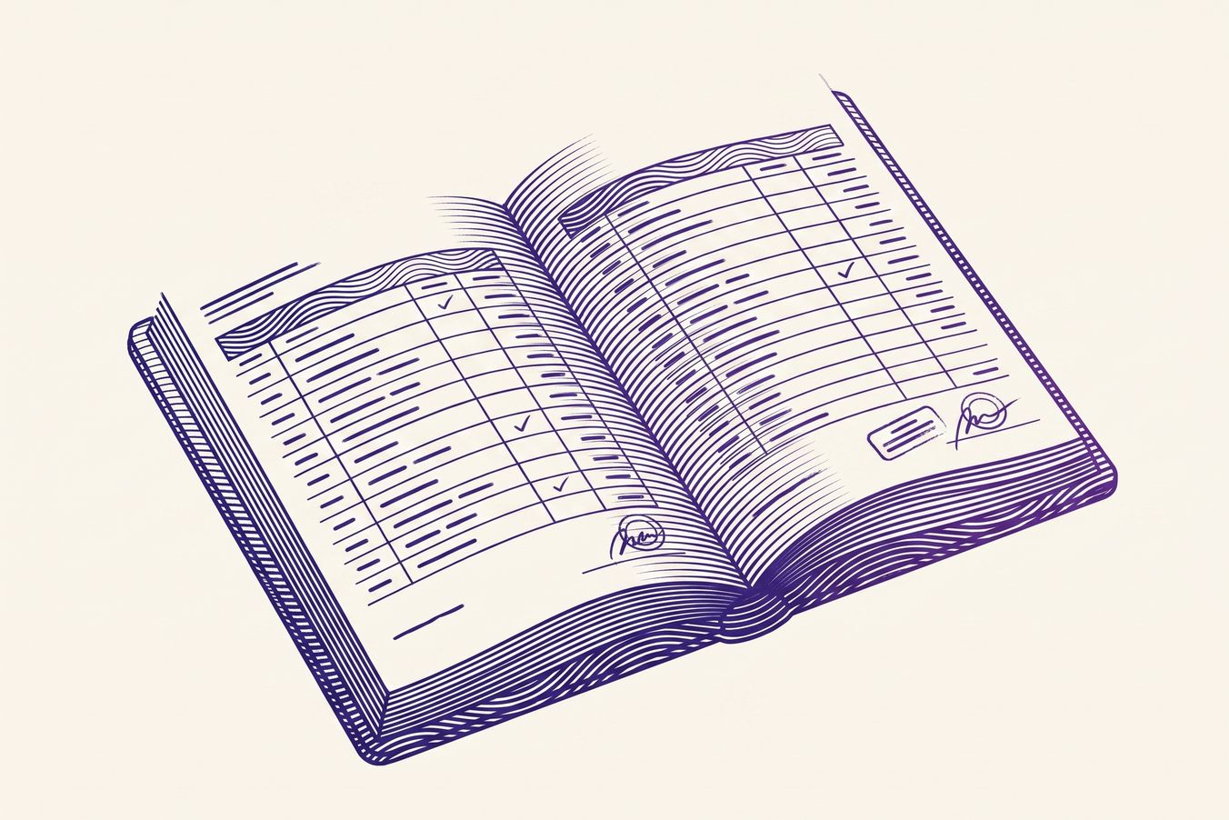 Illustration of an open book showing tables with checkmarks, signatures, and line entries on both pages.