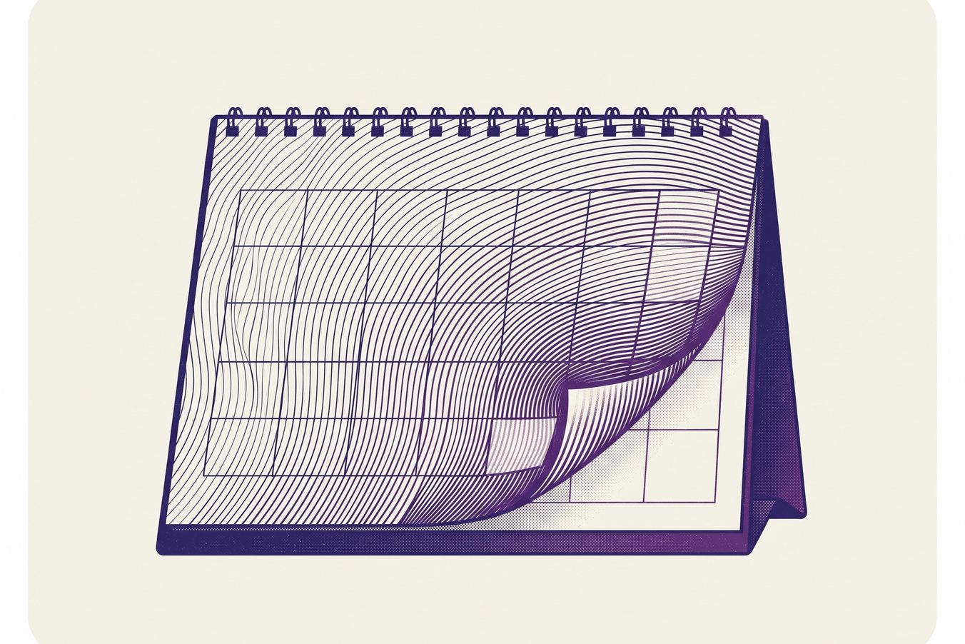 An abstract desk calendar with distorted pages, showcasing geometric lines and a grid pattern in shades of purple.