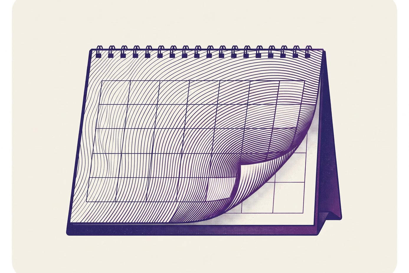 An abstract desk calendar with distorted pages, showcasing geometric lines and a grid pattern in shades of purple.