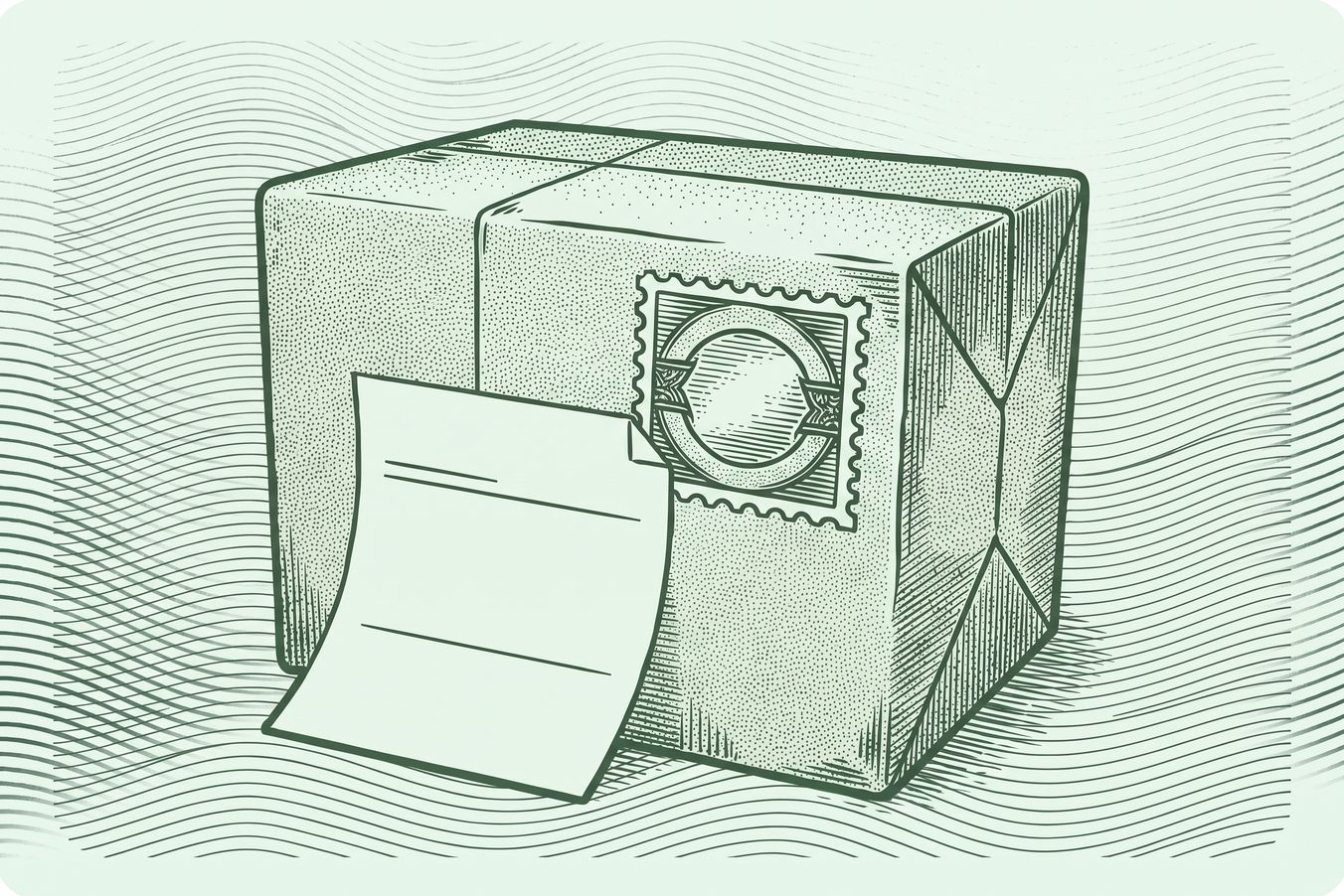Monochrome grüne Gravur eines Versandpakets mit Zolldokument und Stempel für eine Proforma-Rechnung