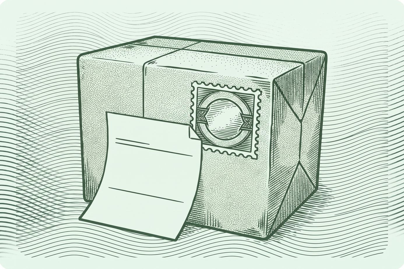 Monochrome grüne Gravur eines Versandpakets mit Zolldokument und Stempel für eine Proforma-Rechnung