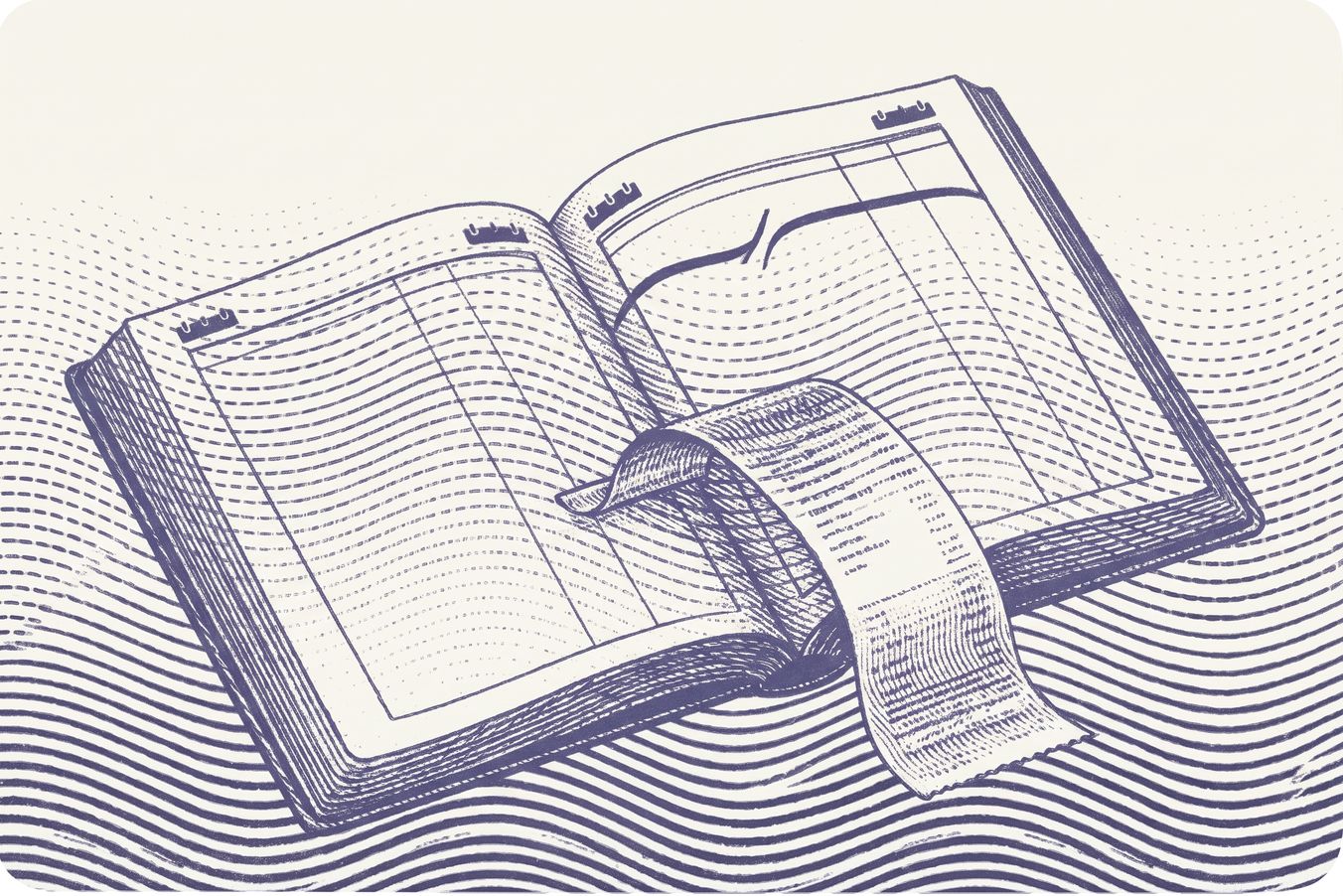 Monochrome indigoblaue Gravur eines aufgeschlagenen Buchhaltungsjournals mit einem Beleg, der sich über zwei Abrechnungsperioden erstreckt
