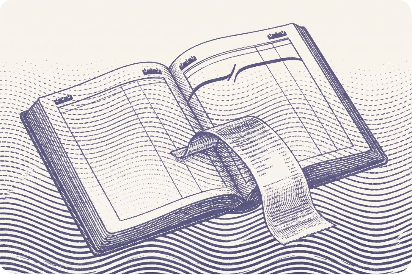 Monochrome indigoblaue Gravur eines aufgeschlagenen Buchhaltungsjournals mit einem Beleg, der sich über zwei Abrechnungsperioden erstreckt