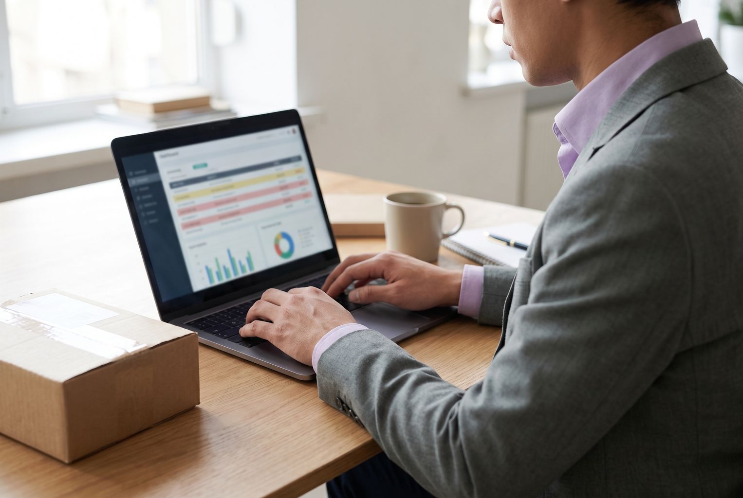 Finanzverantwortlicher analysiert verstreute Geschäftsausgaben an einem Laptop