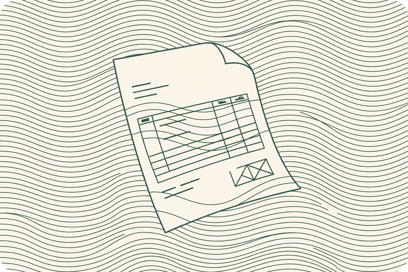 Illustration of a document floating on wavy lines, featuring a table and two signature boxes, against a background of curved, parallel lines.