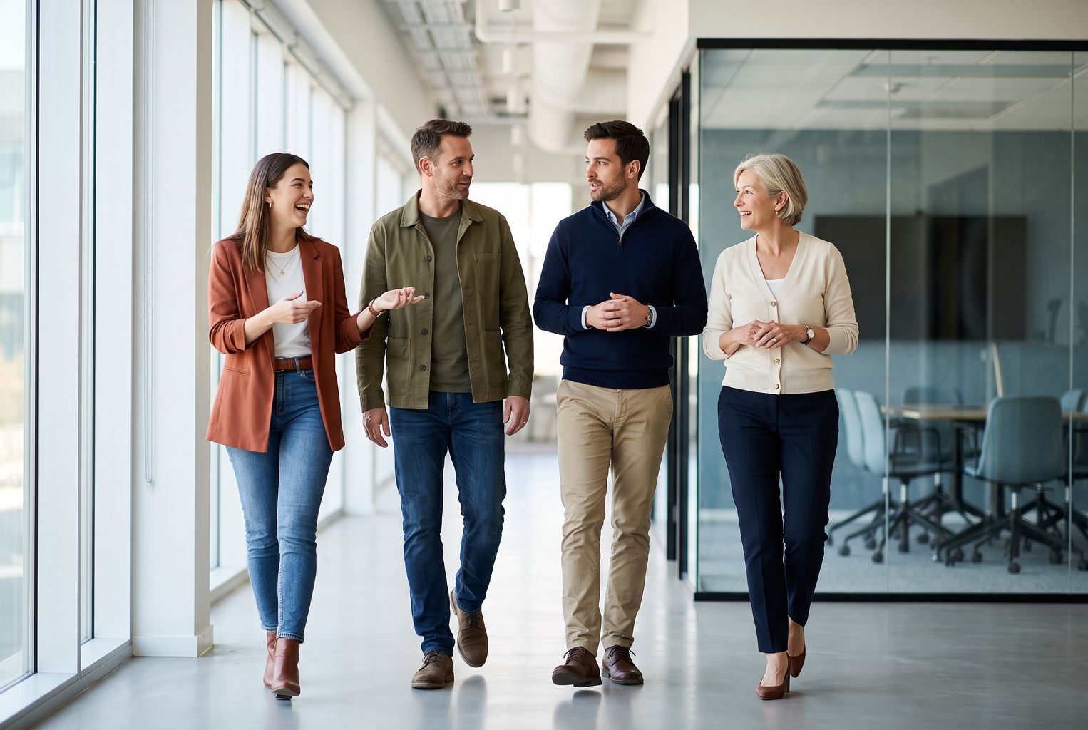 Vier Personen aus einem Finanzteam laufen gemeinsam einen Unternehmensflur runter und unterhalten sich.