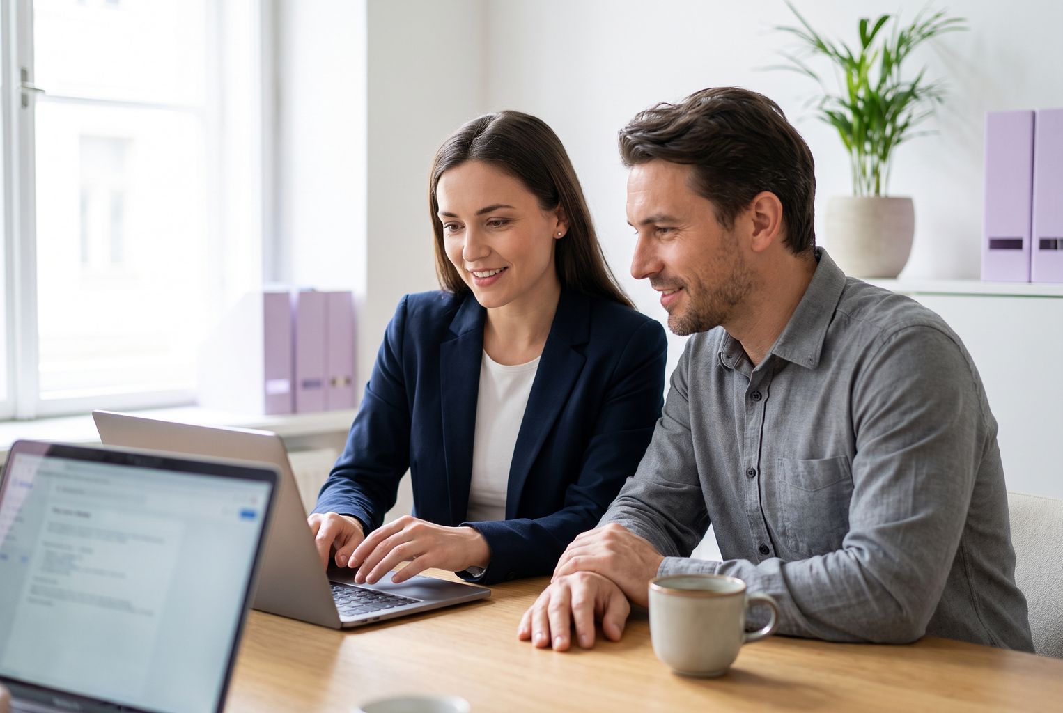 Zwei Mitarbeitende prüfen gemeinsam eine digitale Bedarfsanforderung, bevor eine Bestellung freigegeben wird.