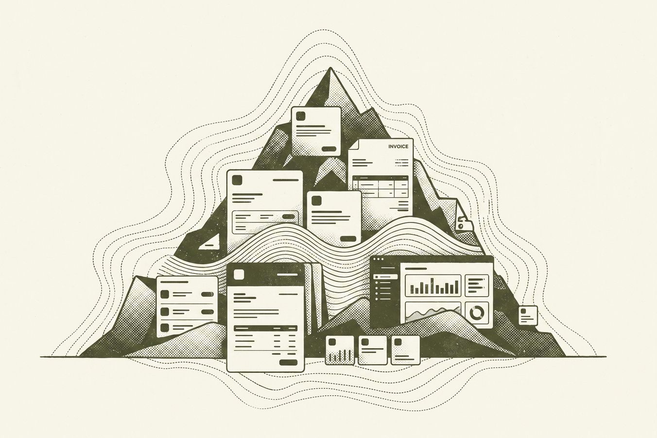 Abstrakte olivgrüne Illustration von Softwarekarten, Rechnungen und Dashboard-Elementen in Form eines Berges auf cremefarbenem Hintergrund, um die strukturierte Verwaltung von SaaS-Abos und Unternehmenskosten darzustellen.