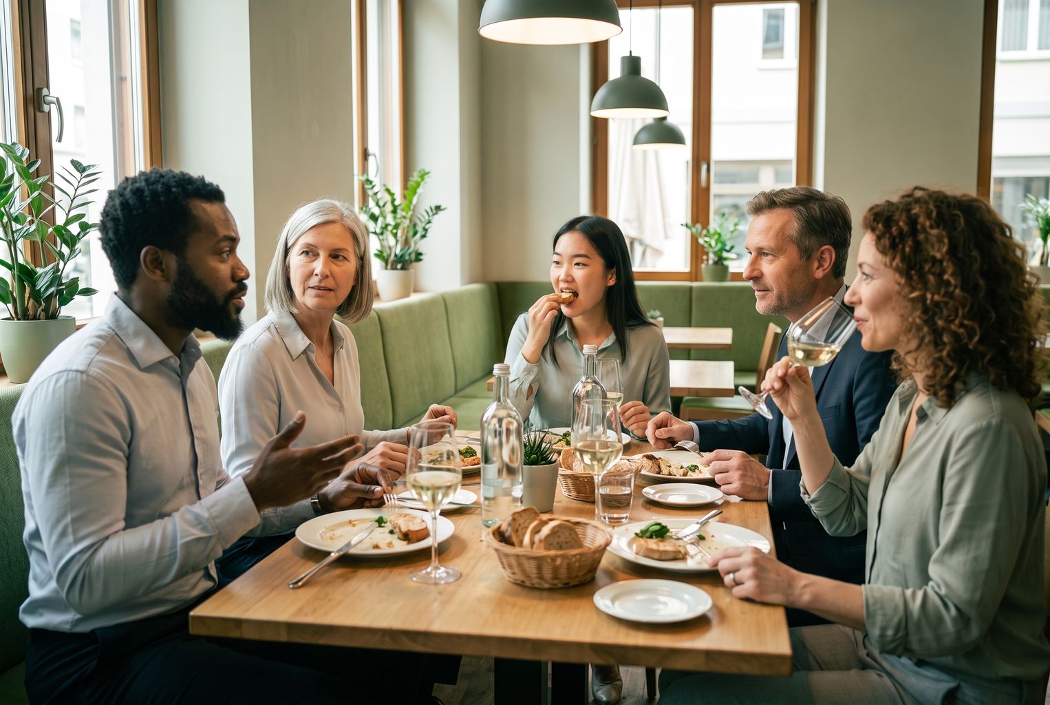 Foto einer Gruppe von Geschäftsleuten, die bei einem gemeinsamen Dinner an einem Restauranttisch sitzt und sich unterhält. Einzelne Personen essen oder trinken, andere hören zu oder führen das Gespräch.