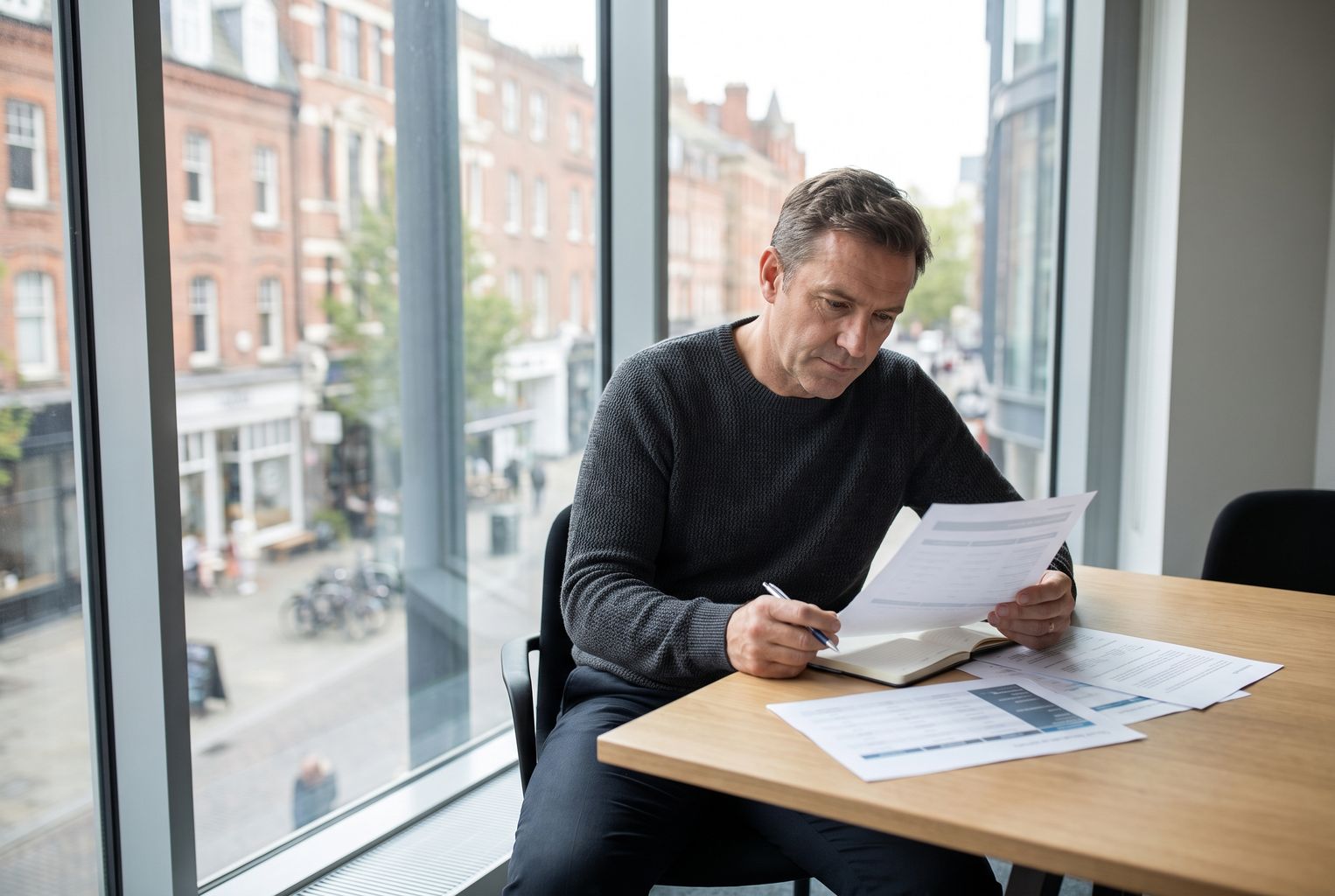 Person sitzt an einem Tisch vor einem Fenster und prüft Unterlagen mit Blick auf Bürogebäude und Bäume