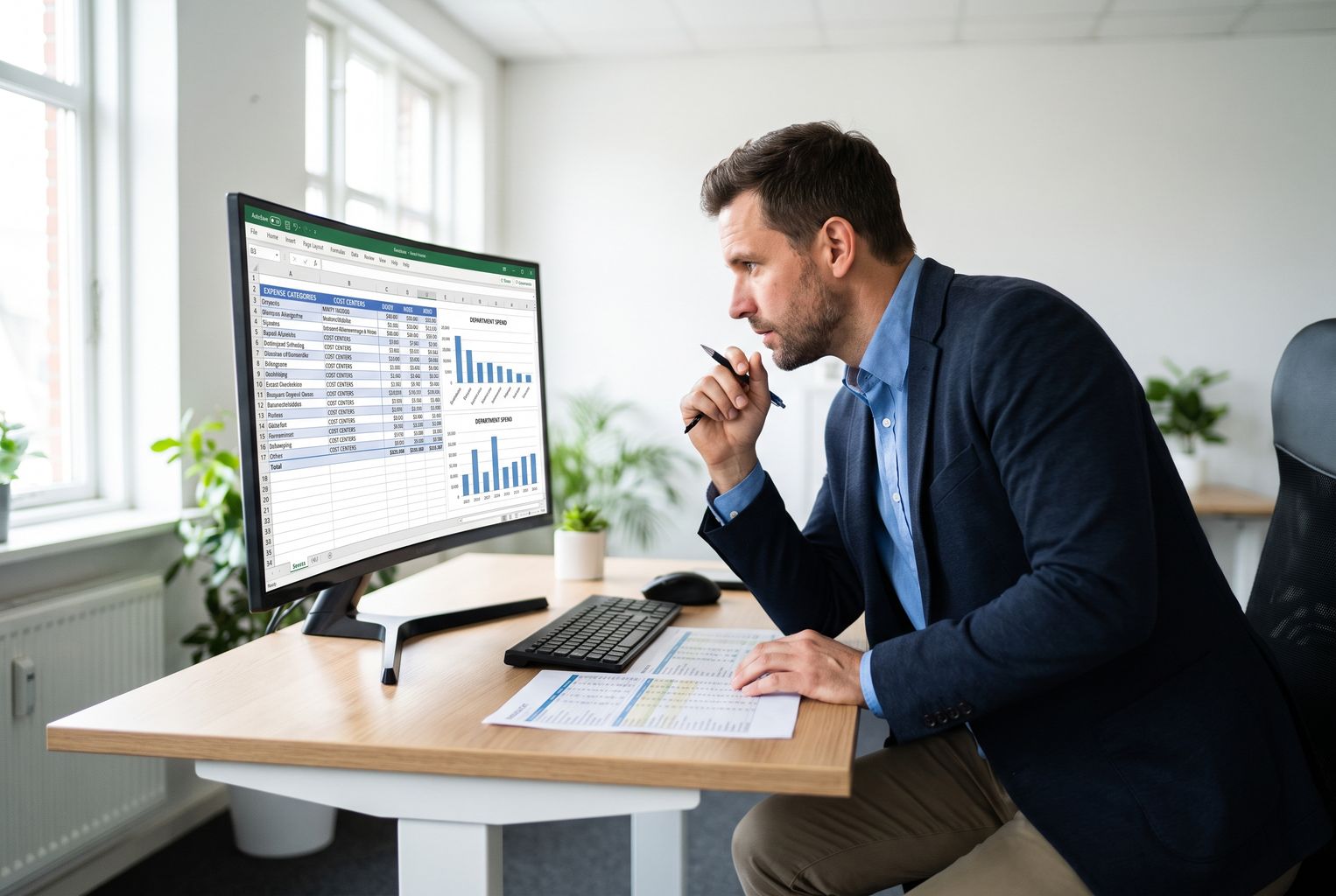 Ein Controller im Büro analysiert am Laptop ein Ausgaben-Dashboard nach Kostenstellen — Symbol für die Echtzeit-Zuordnung von Team-, Projekt- und Unternehmensausgaben in DATEV