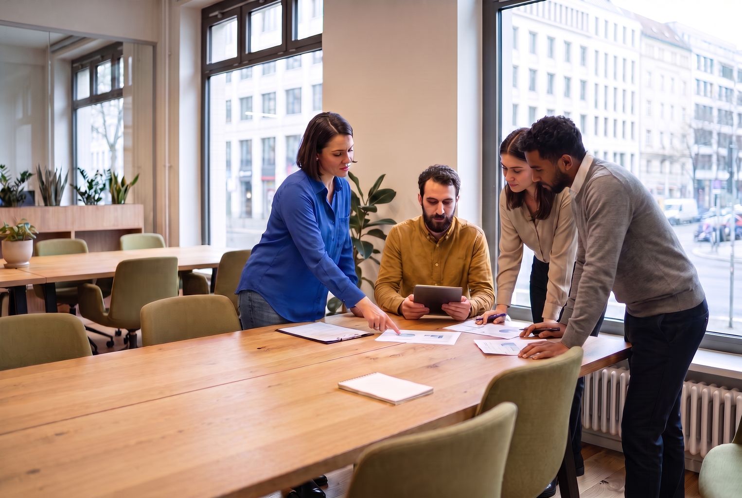 Gruppe von Personen bespricht gemeinsam Unterlagen an einem Tisch in einem Büro
