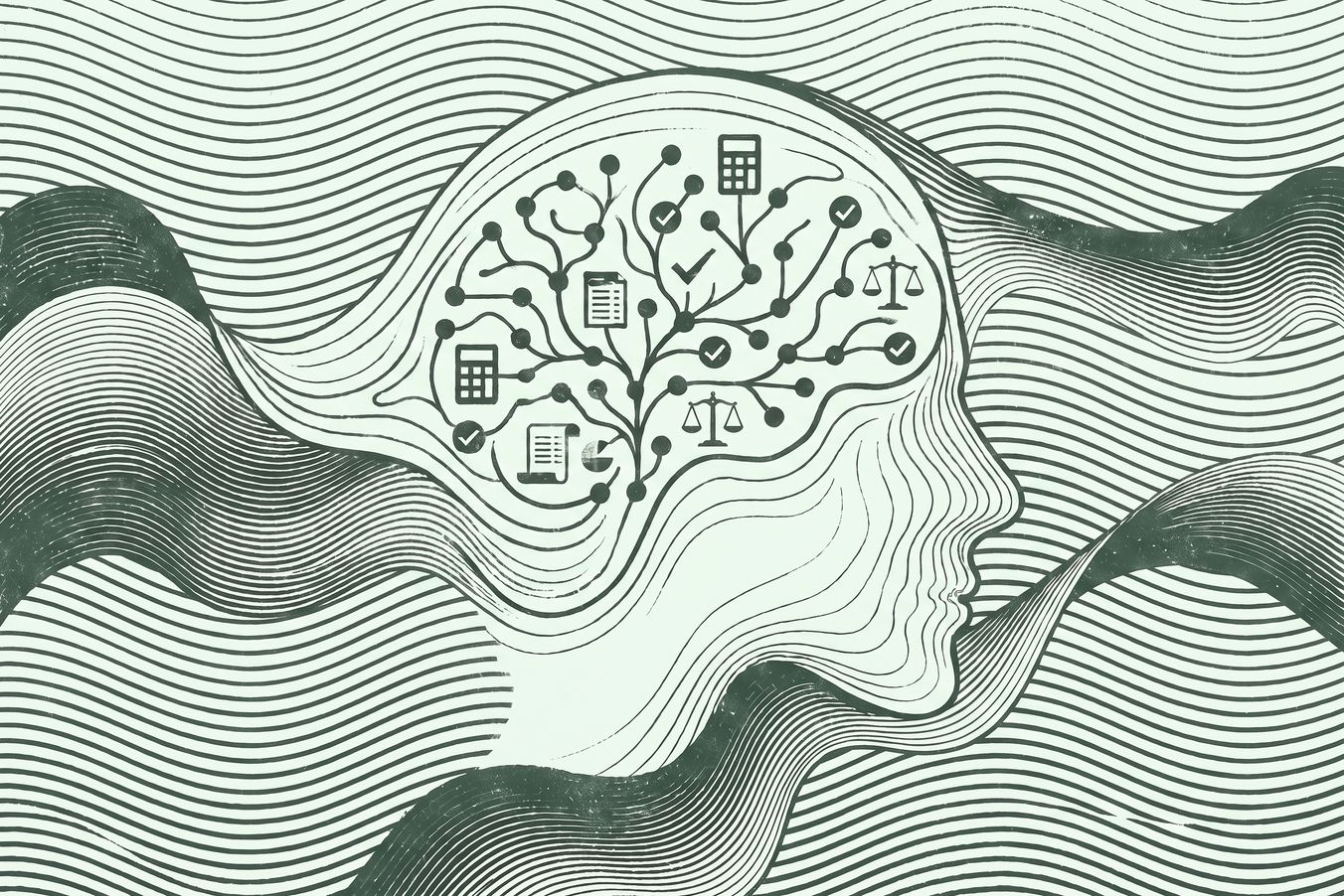 Monochrome dunkelgrüne Illustration eines menschlichen Profils aus vernetzten Datenlinien und Buchhaltungssymbolen vor einem hell mintgrünen Hintergrund mit dicht verlaufenden, wellenförmigen Linien im Stil eines Siebdrucks.