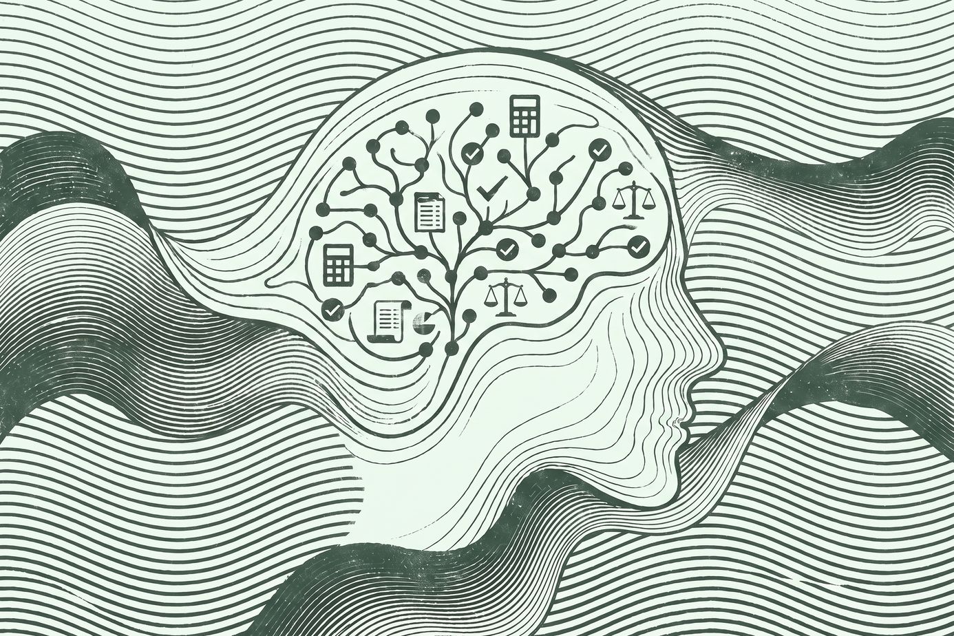Monochrome dunkelgrüne Illustration eines menschlichen Profils aus vernetzten Datenlinien und Buchhaltungssymbolen vor einem hell mintgrünen Hintergrund mit dicht verlaufenden, wellenförmigen Linien im Stil eines Siebdrucks.