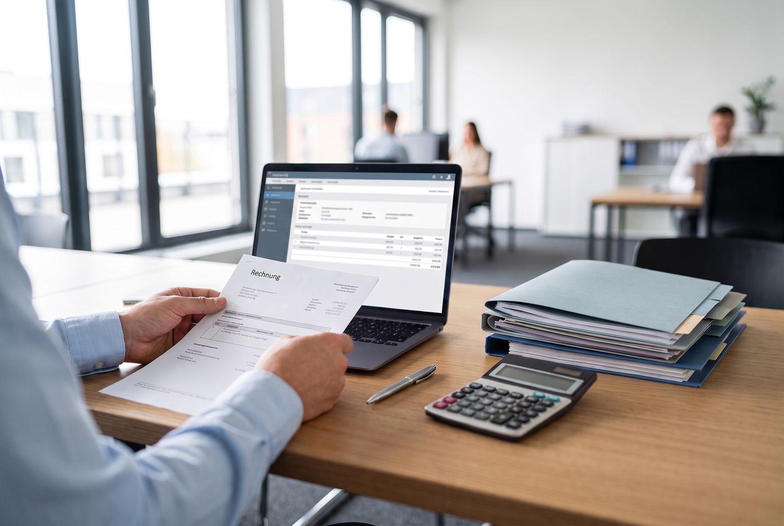 Ein Accountant prüft eine Rechnung am Arbeitsplatz mit Laptop, Taschenrechner und Belegen, bevor sie kontiert, freigegeben und gebucht wird.