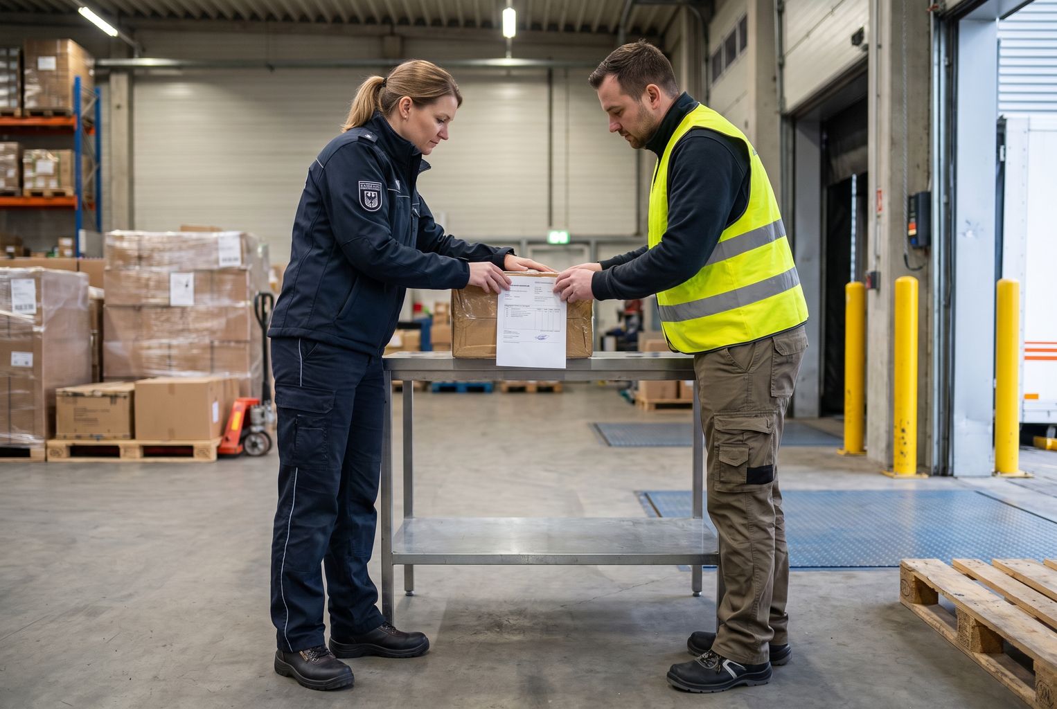 Zollbeamter und Logistikmitarbeiter prüfen ein Exportpaket mit Begleitdokument in einer Lagerhalle