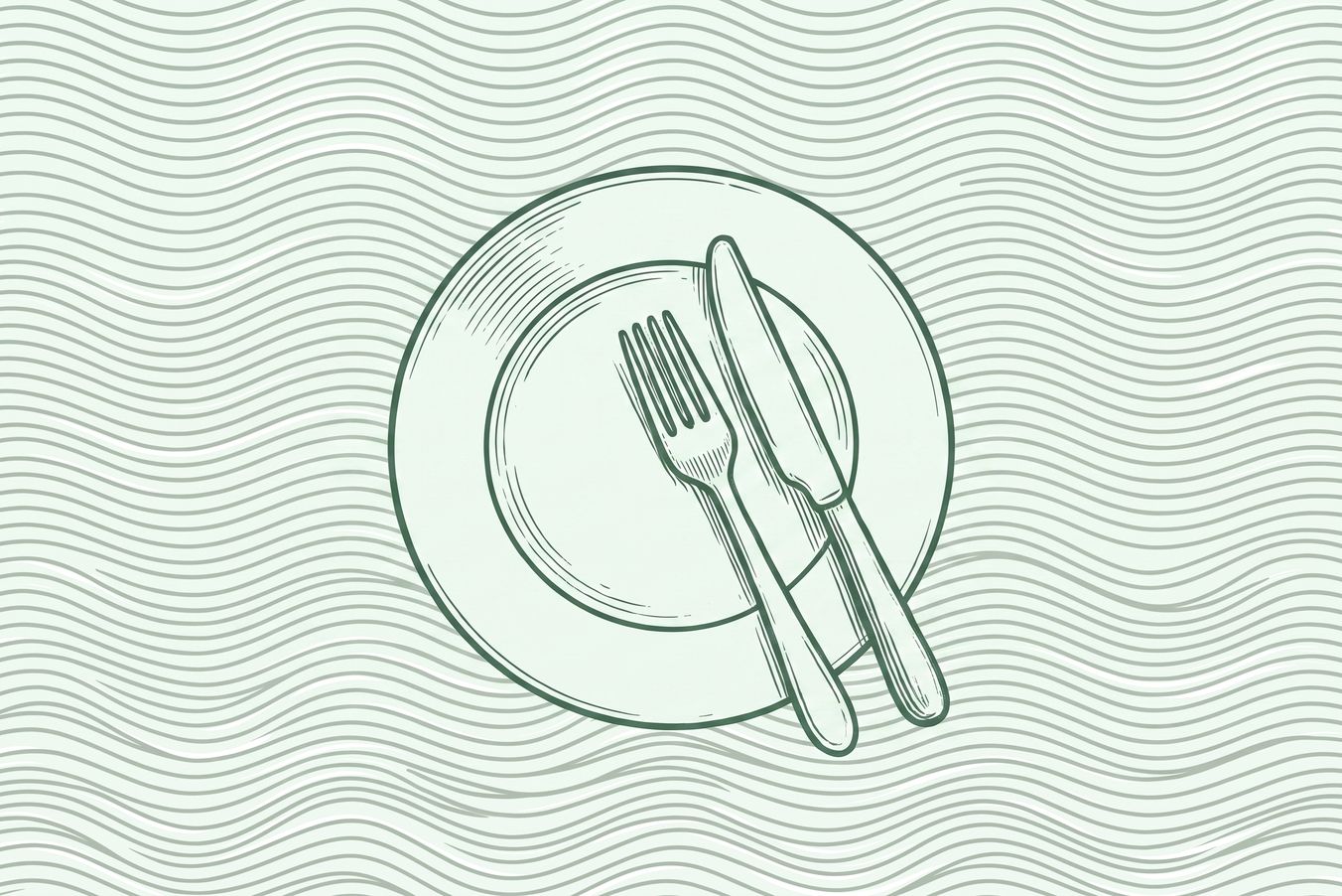 Minimalistische grüne Illustration eines Tellers mit Messer und Gabel im Stil einer feinen Gravur. Das Motiv steht für Bewirtung, Geschäftsessen und die Dokumentation von Bewirtungskosten.