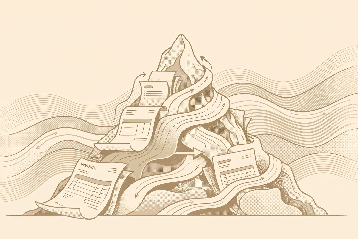 Abstrakte monochrome Illustration in warmen Beigetönen, die einen digitalen Rechnungsworkflow und die Automatisierung der Kreditorenbuchhaltung symbolisiert.