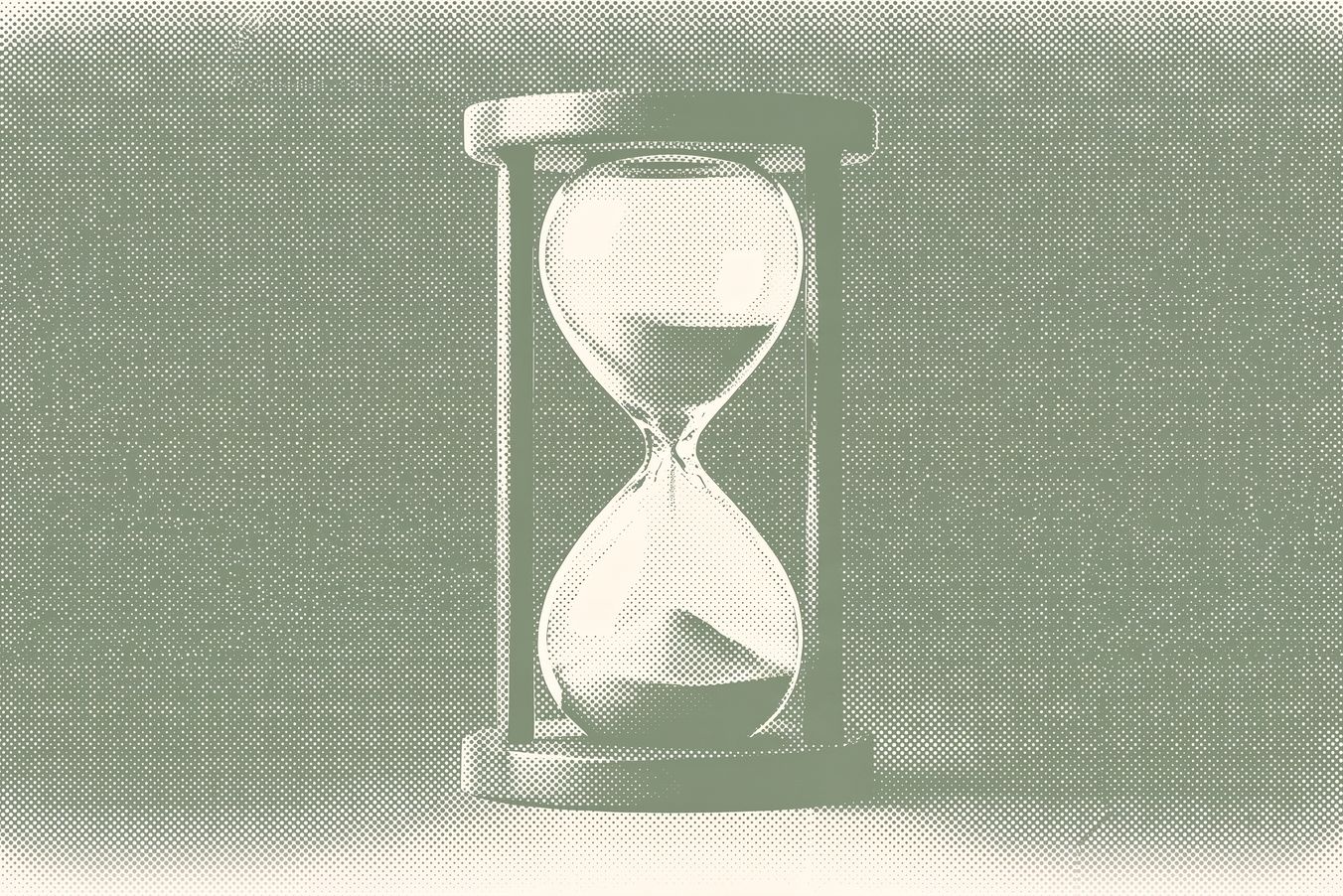 Monochrome, stilisierte Darstellung einer Sanduhr mit fließendem Sand auf hellem Hintergrund in gerasterter Gravur-Optik.