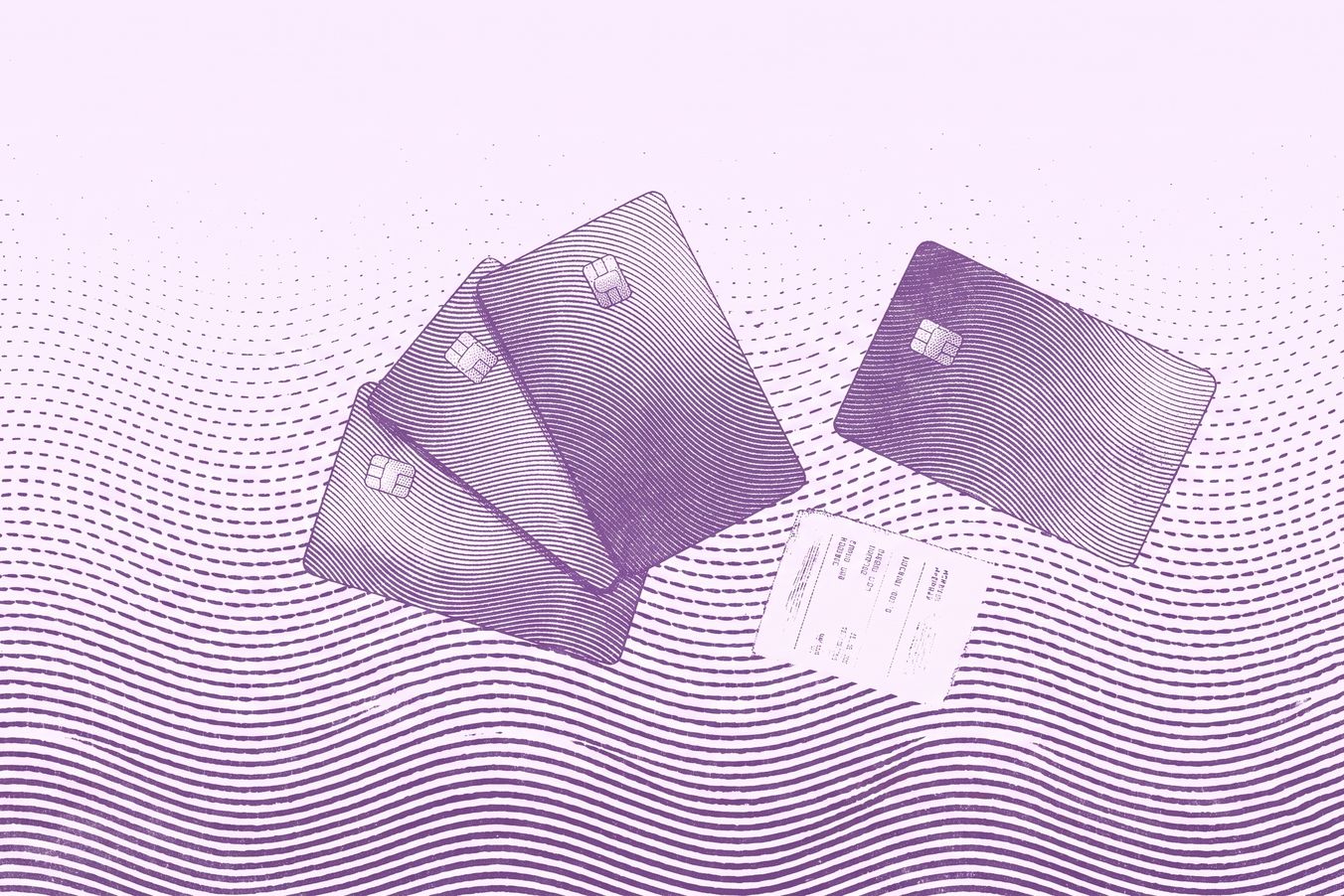 Mehrere abstrakte Zahlungskarten und ein Beleg liegen auf violett gewellten Linien