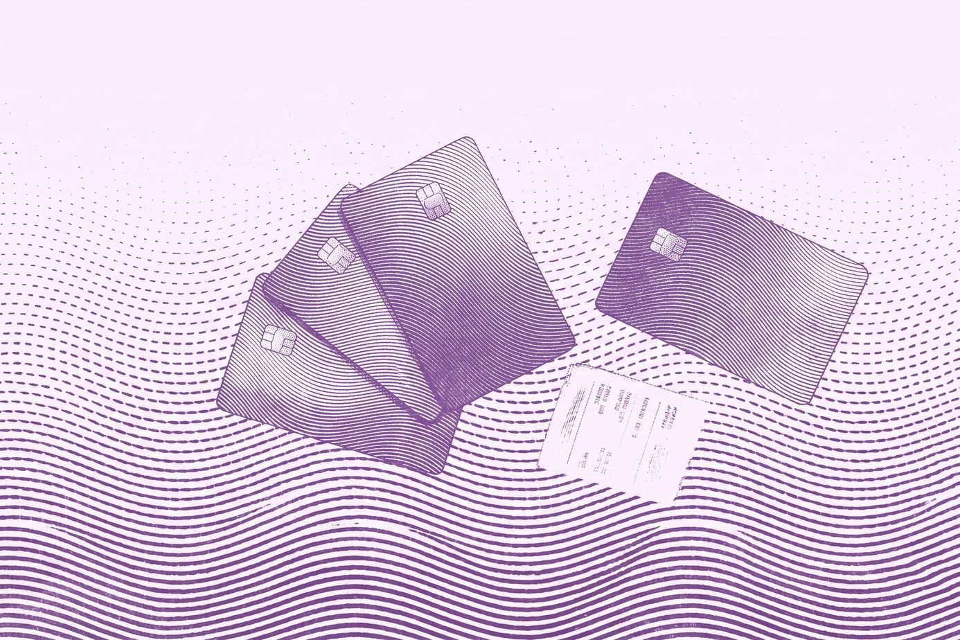 Mehrere abstrakte Zahlungskarten und ein Beleg liegen auf violett gewellten Linien
