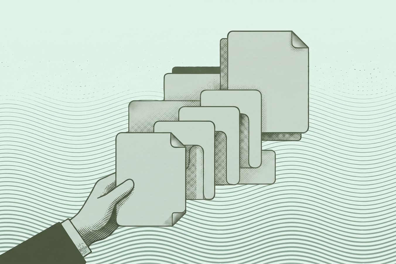 Abstrakte grüne Editorial-Illustration mit gestapelten Rechnungsdokumenten und Zahlungsstufen, passend zum Artikel über Anzahlungen, Umsatzsteuer und Schlussrechnung.