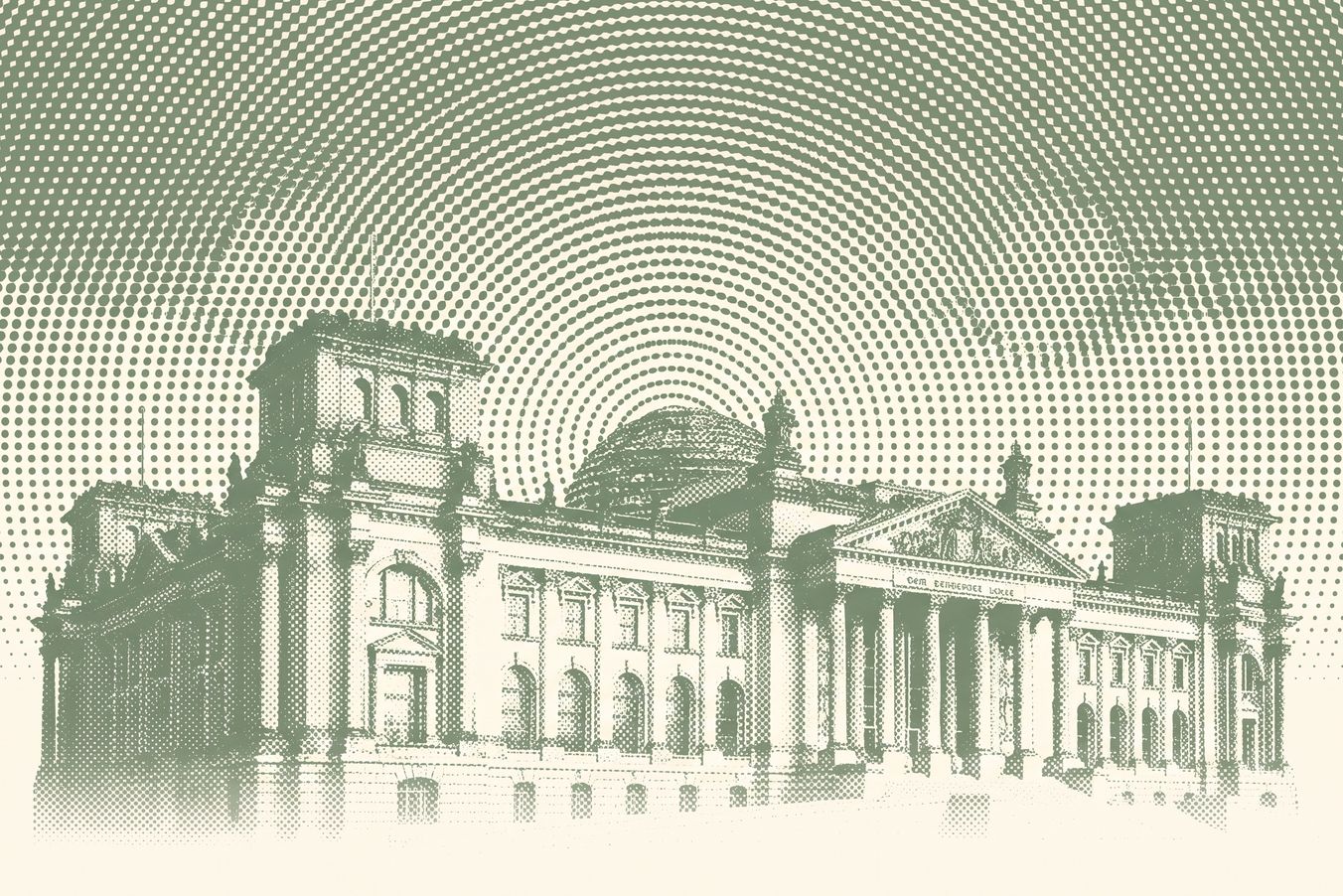 Illustration im Halftone-Gravur-Stil: Europäisches Parlamentsgebäude als Symbol für die CSRD-Richtlinie 2026 und das Omnibus-Paket der EU-Kommission.