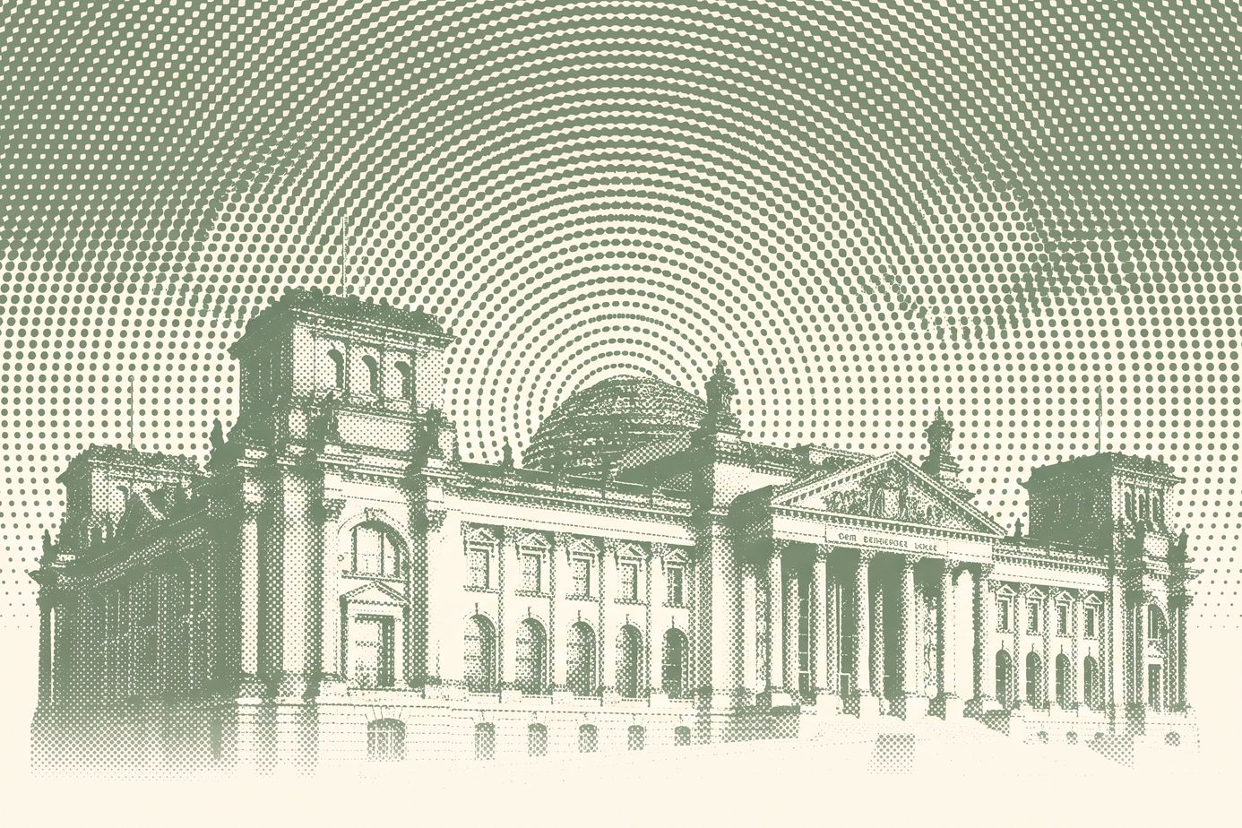Illustration im Halftone-Gravur-Stil: Europäisches Parlamentsgebäude als Symbol für die CSRD-Richtlinie 2026 und das Omnibus-Paket der EU-Kommission.