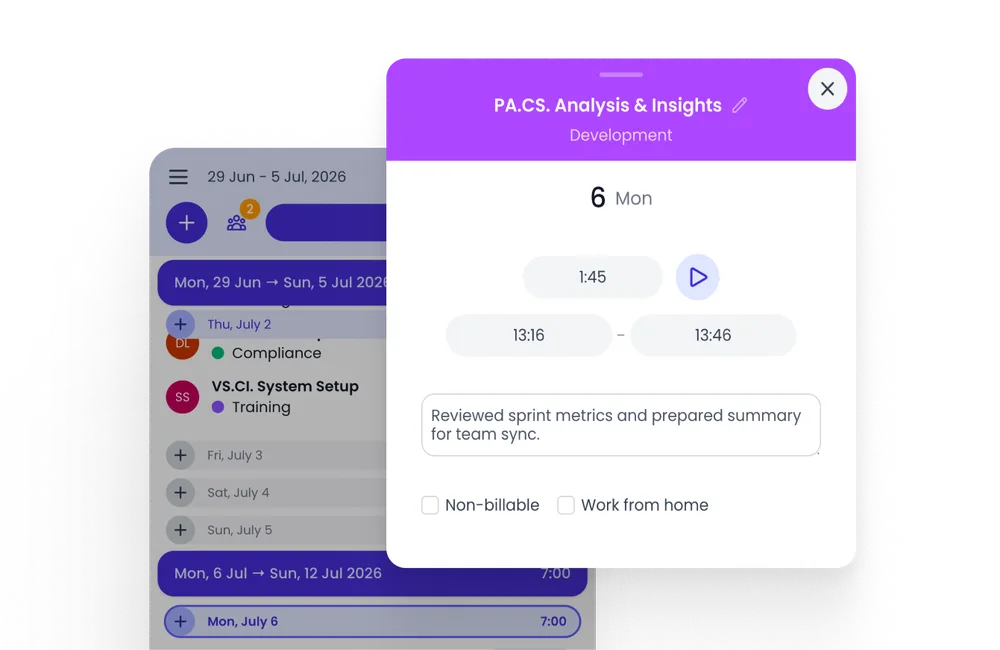 Beebole mobile timesheet entry with duration, timer, start and end time, a comment, and a Work from home tag
