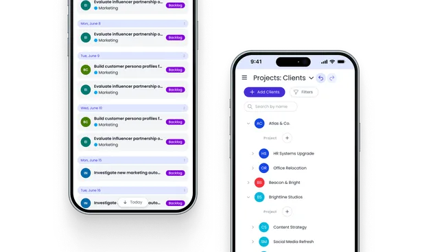 Beebole on two phones: a daily task list and the Projects: Clients view with each client's projects