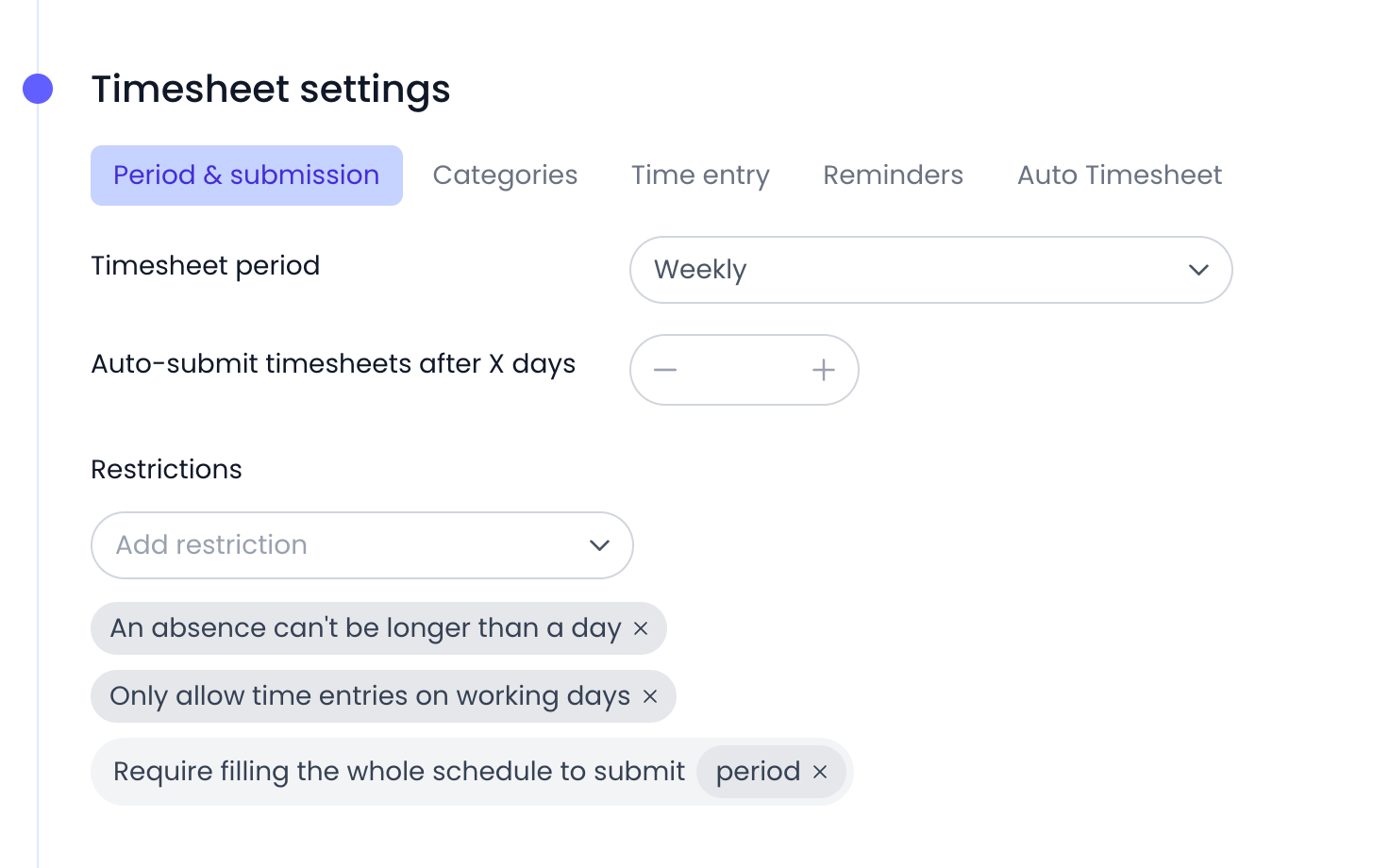 Timesheet configuration settings with tracking rules and role-based permissions