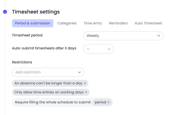 Timesheet configuration settings with tracking rules and role-based permissions