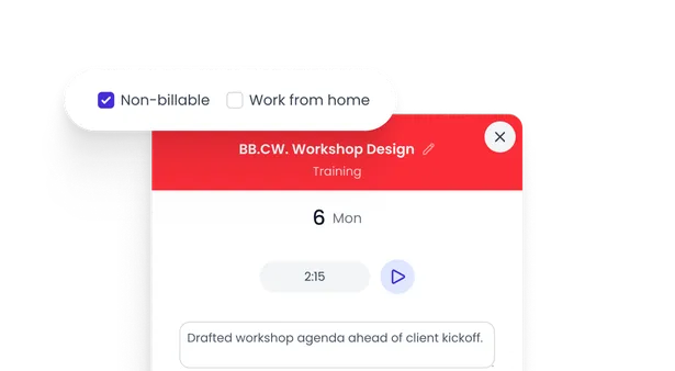 Beebole mobile time entry for a project task with a 2:15 duration, a comment, and the non-billable option checked