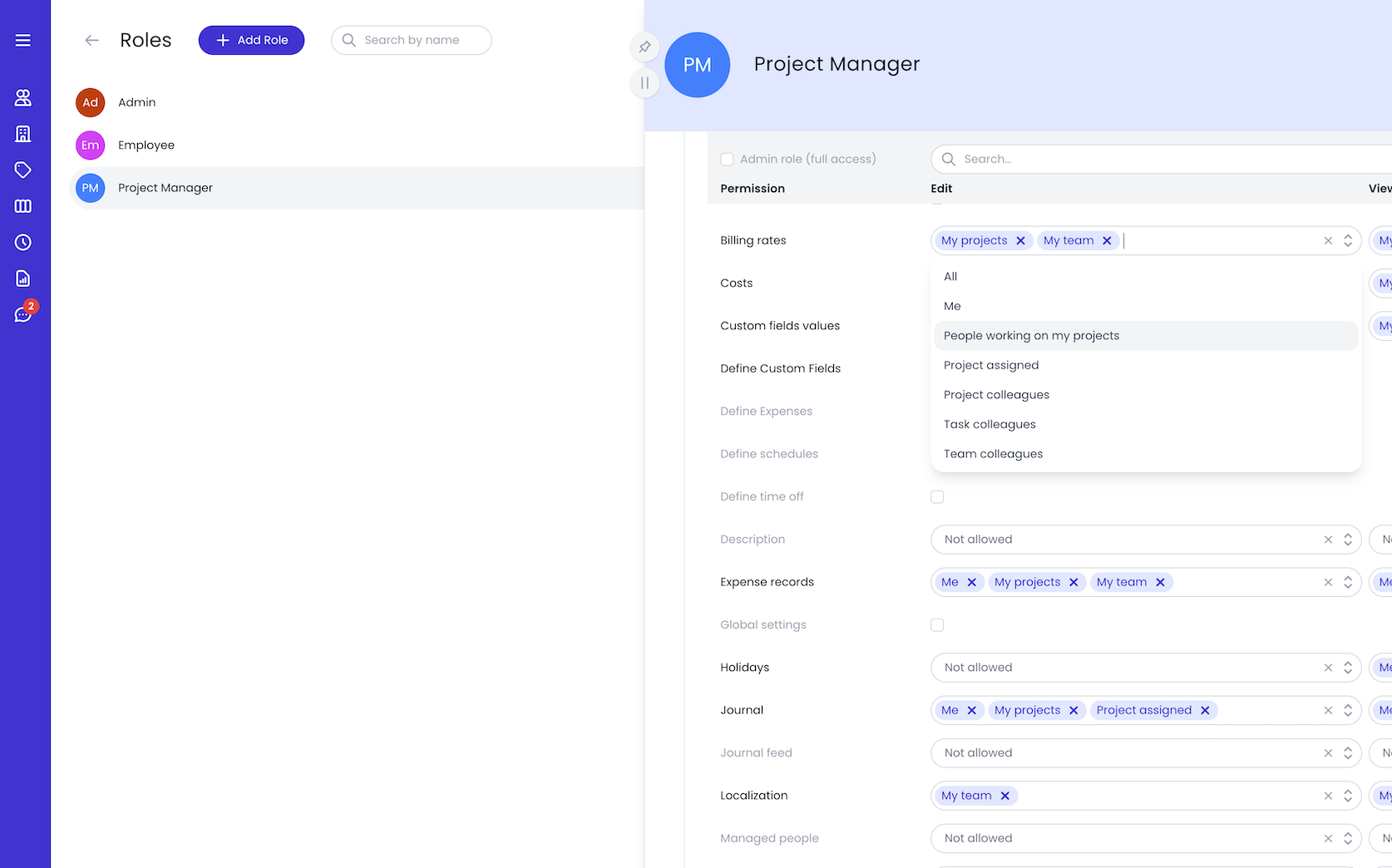 Project manager role with field-level permissions open on billing rates, costs, and margins