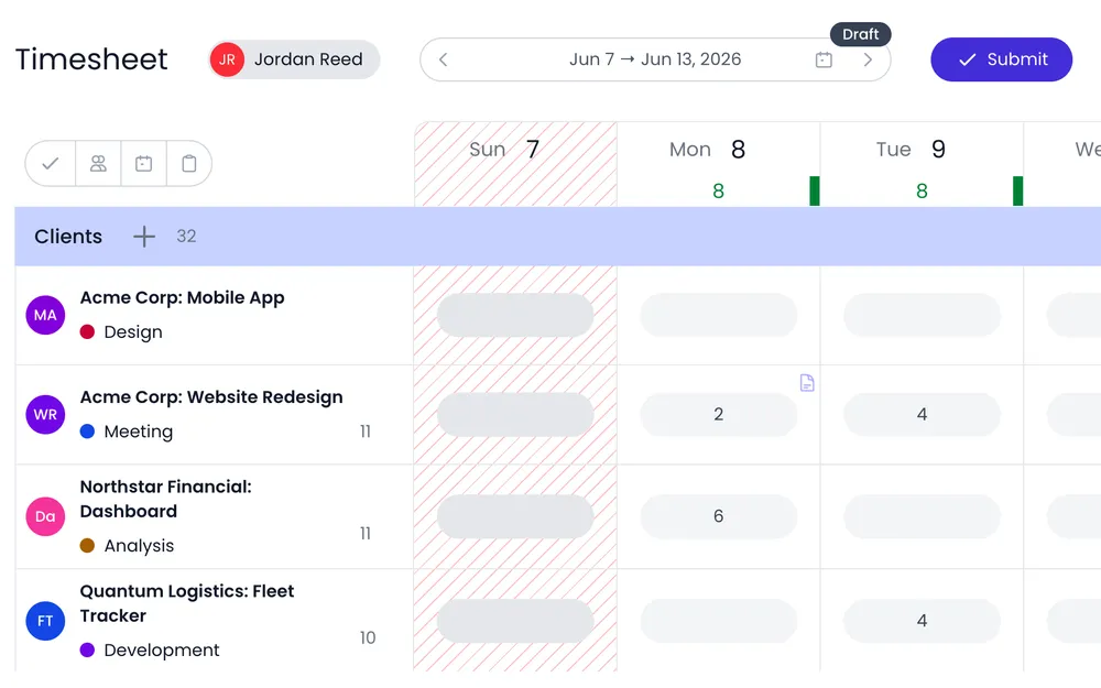 Employee timesheet for fast hour logging and team approval workflow