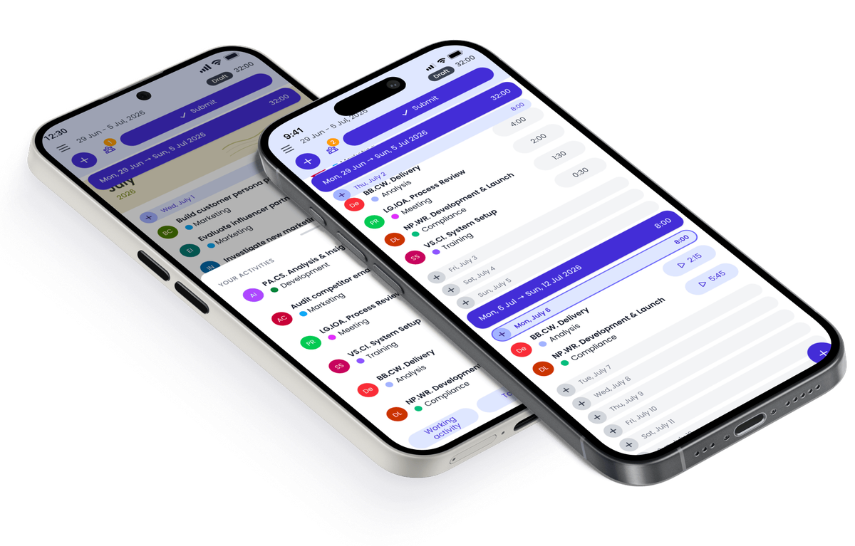 Beebole mobile time tracking on two phones: a weekly timesheet with hours logged by project, ready to submit