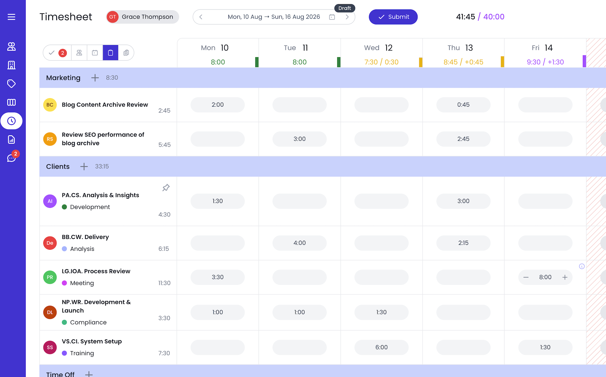 Timesheet with pre-populated planned tasks ready to confirm as time entries